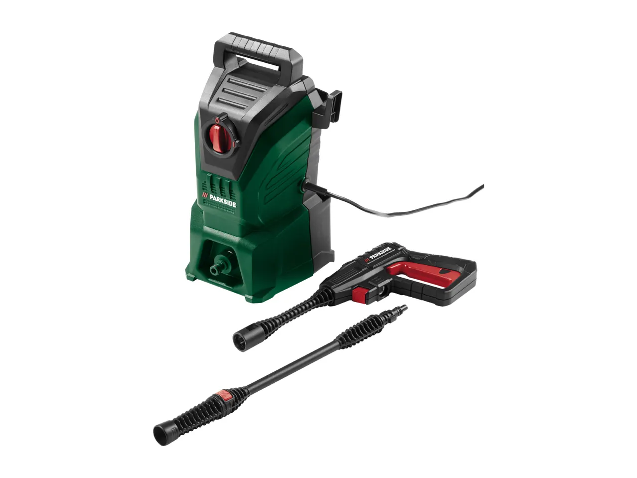 Green and black pressure washer with a spray gun and two nozzles on a white background.
