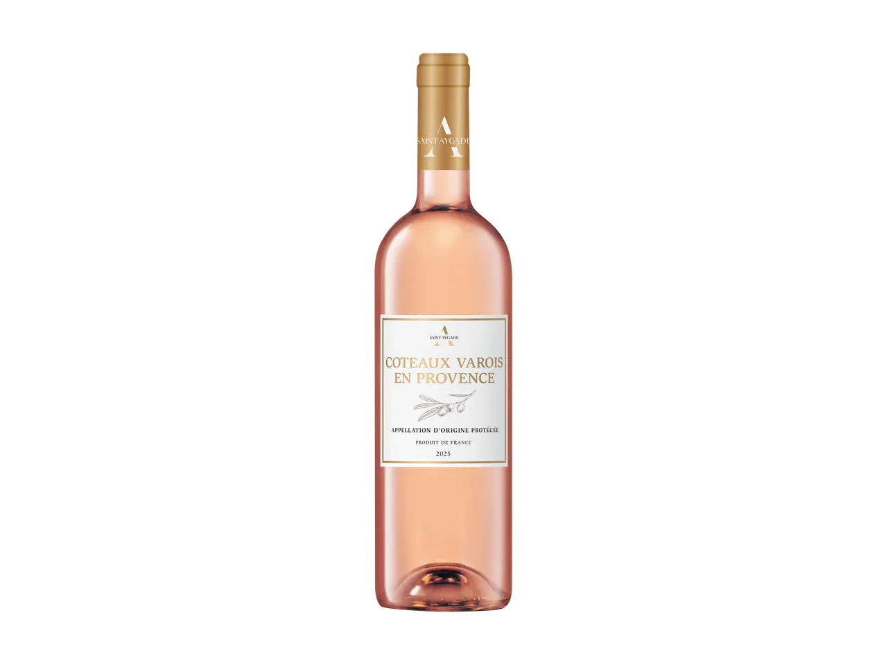 Fles roséwijn met een wit etiket met olijftakken en tekst