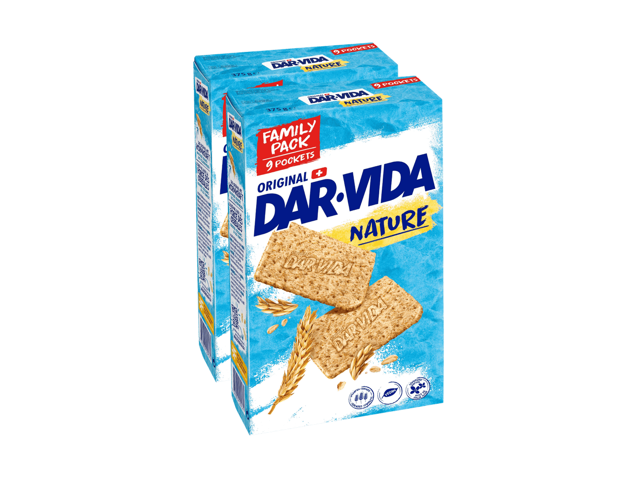 Zwei Packungen Vollkorn-Cracker mit der Aufschrift „Family Pack“ und „Nature“.