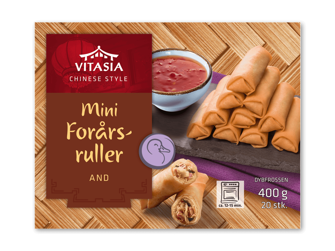 Mini forårsruller med sød chilisauce, klar til ovn, 400g, 20 stk.