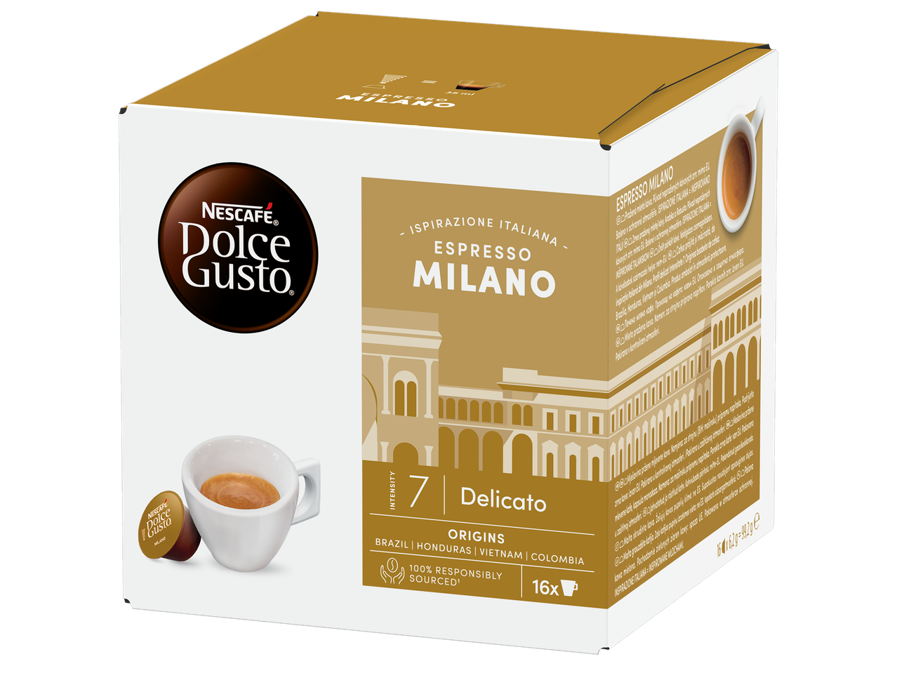 Кутия с капсули за еспресо с надпис „Ispirazione Italiana Espresso Milano Delicato“, 16 броя.