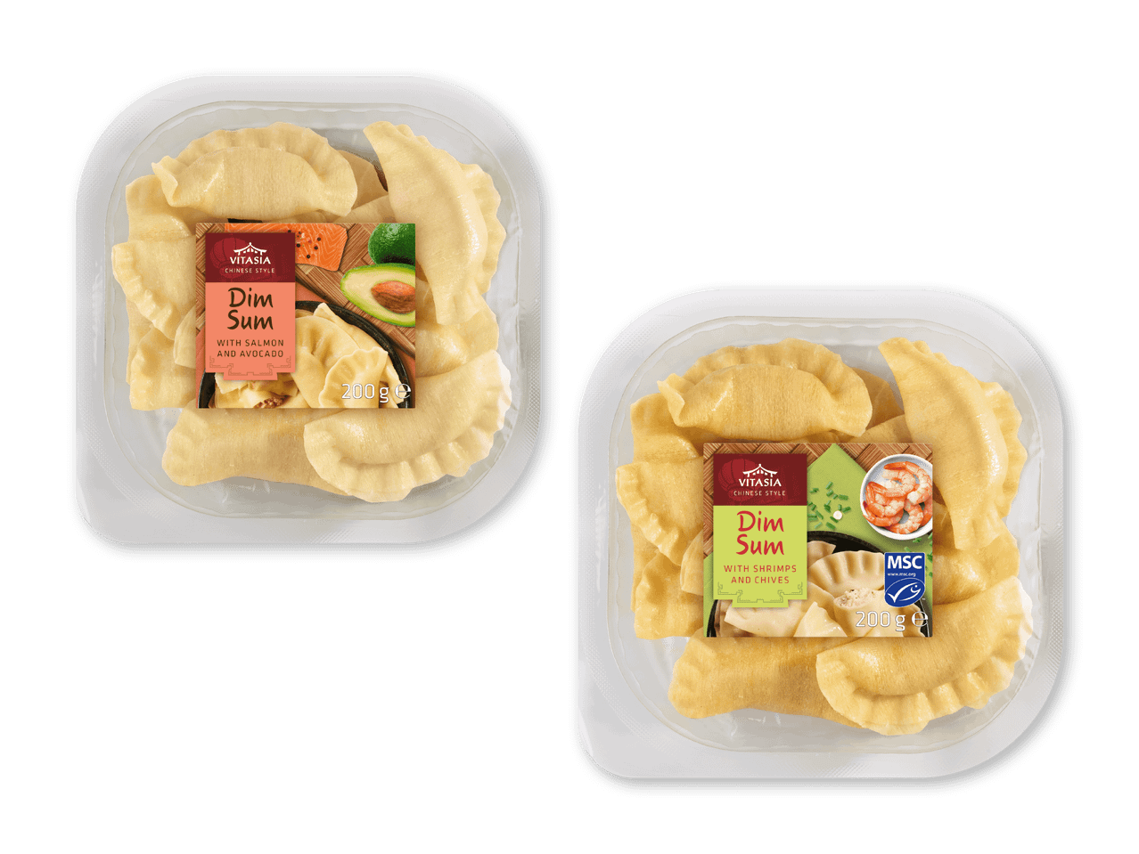 To pakker dim sum, den ene med laks og avocado, den anden med rejer og purløg.
