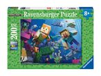 Minecraft puslespil med 200 brikker, der viser figurer under vandet, anbefales til 8+ år.