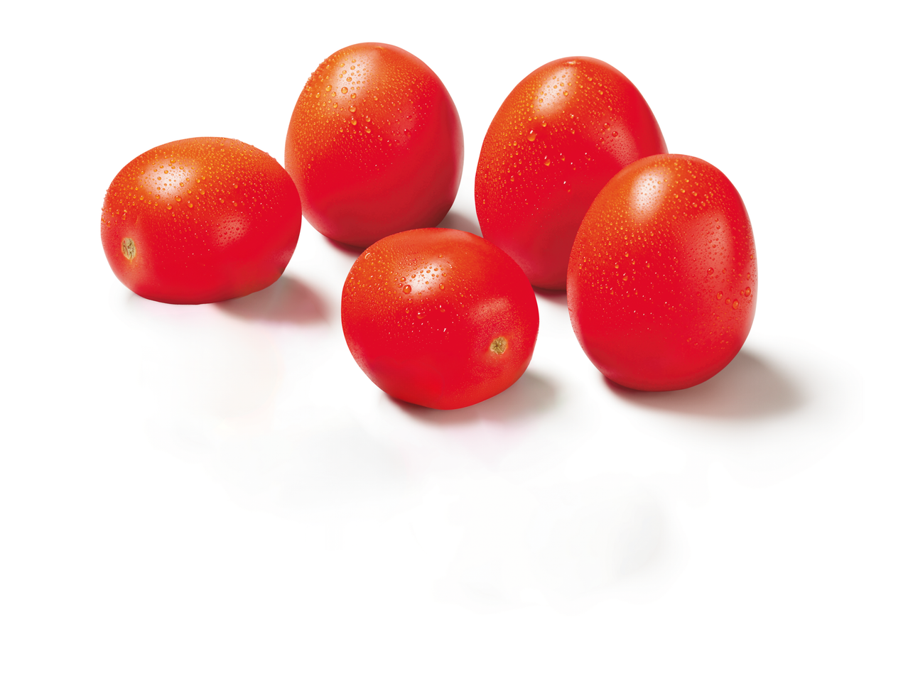 Five fresh, red plum tomatoes with water droplets on a white background.
