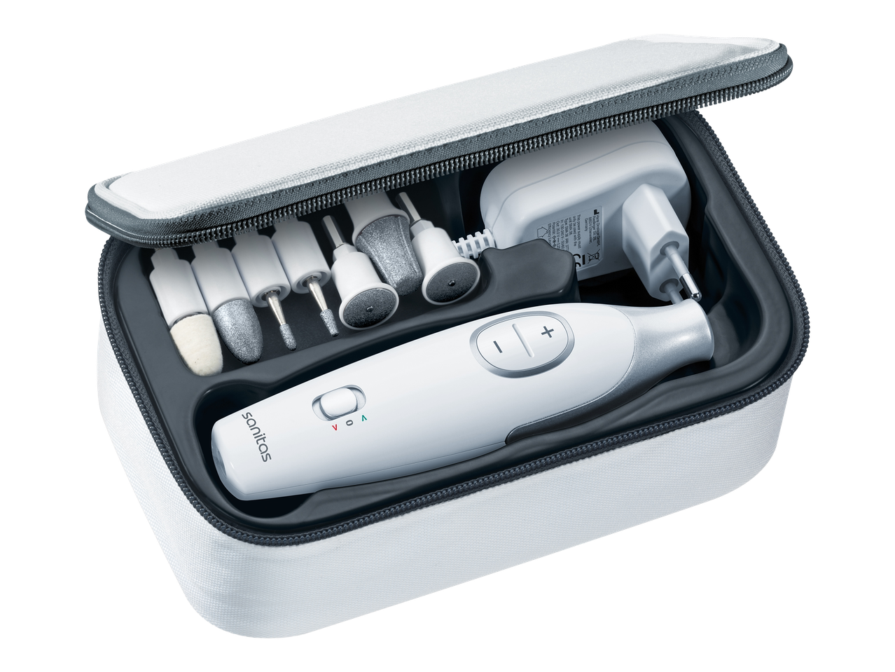 Set za manikuru i pedikuru s električnom turpijom, nastavcima i punjačem u torbici.