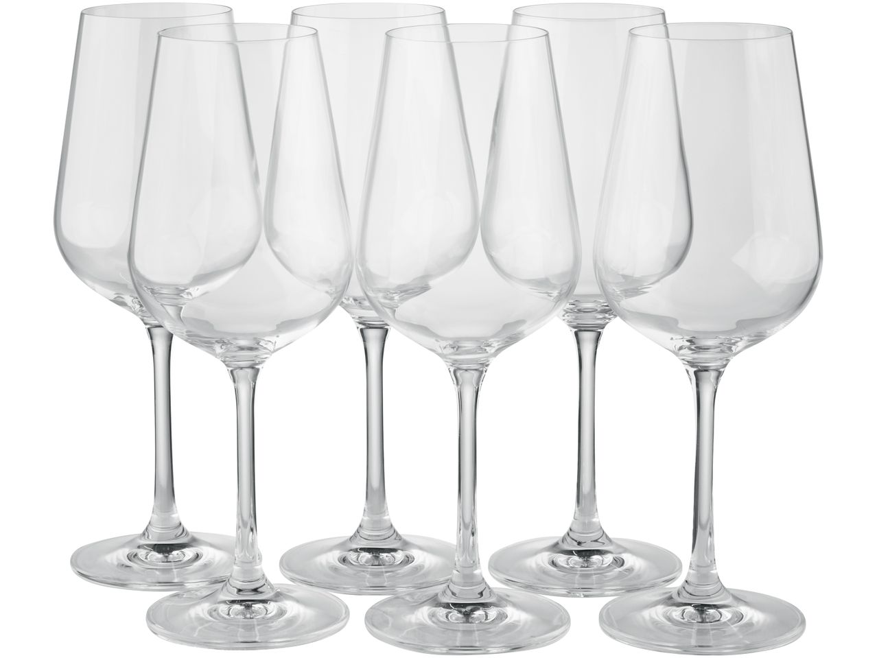 Six clear wine glasses arranged in two rows.