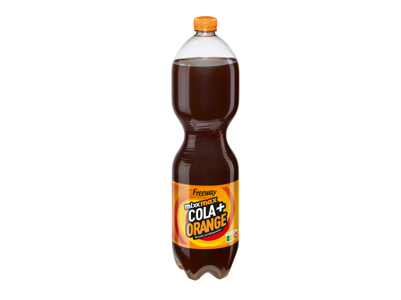 Eine 1,5-Liter-Flasche Freeway mixxmax Cola Orange.