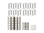 Two rows of screws, two stacks of round magnets, and one stack of white plastic discs.