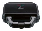 Closed black sandwich maker with red and green indicator lights and a hot surface symbol.