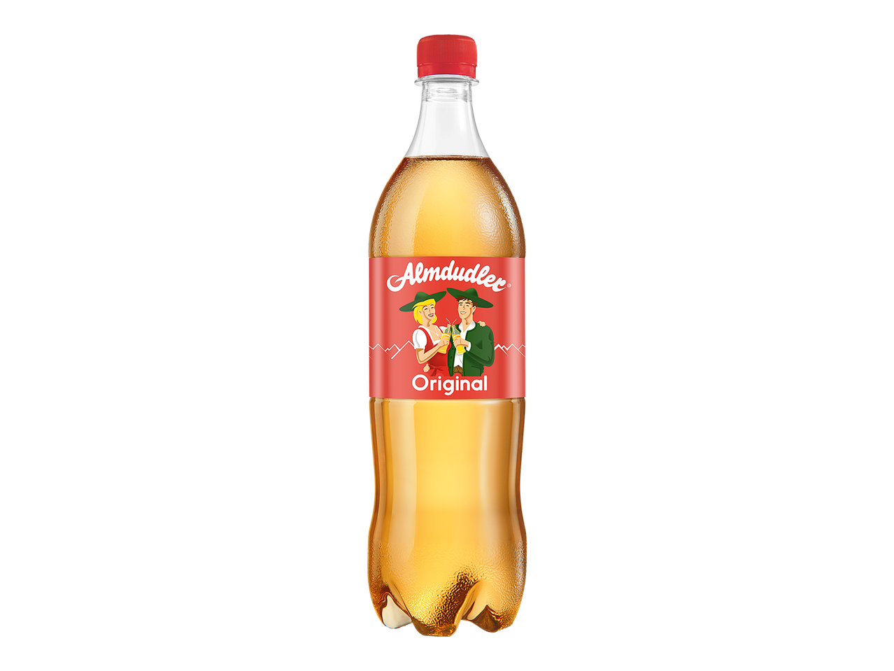Fles frisdrank met een rood etiket waarop een man en vrouw in traditionele kleding staan.