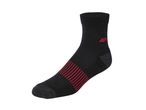 A black sock with red stripes and a red logo on a white background.