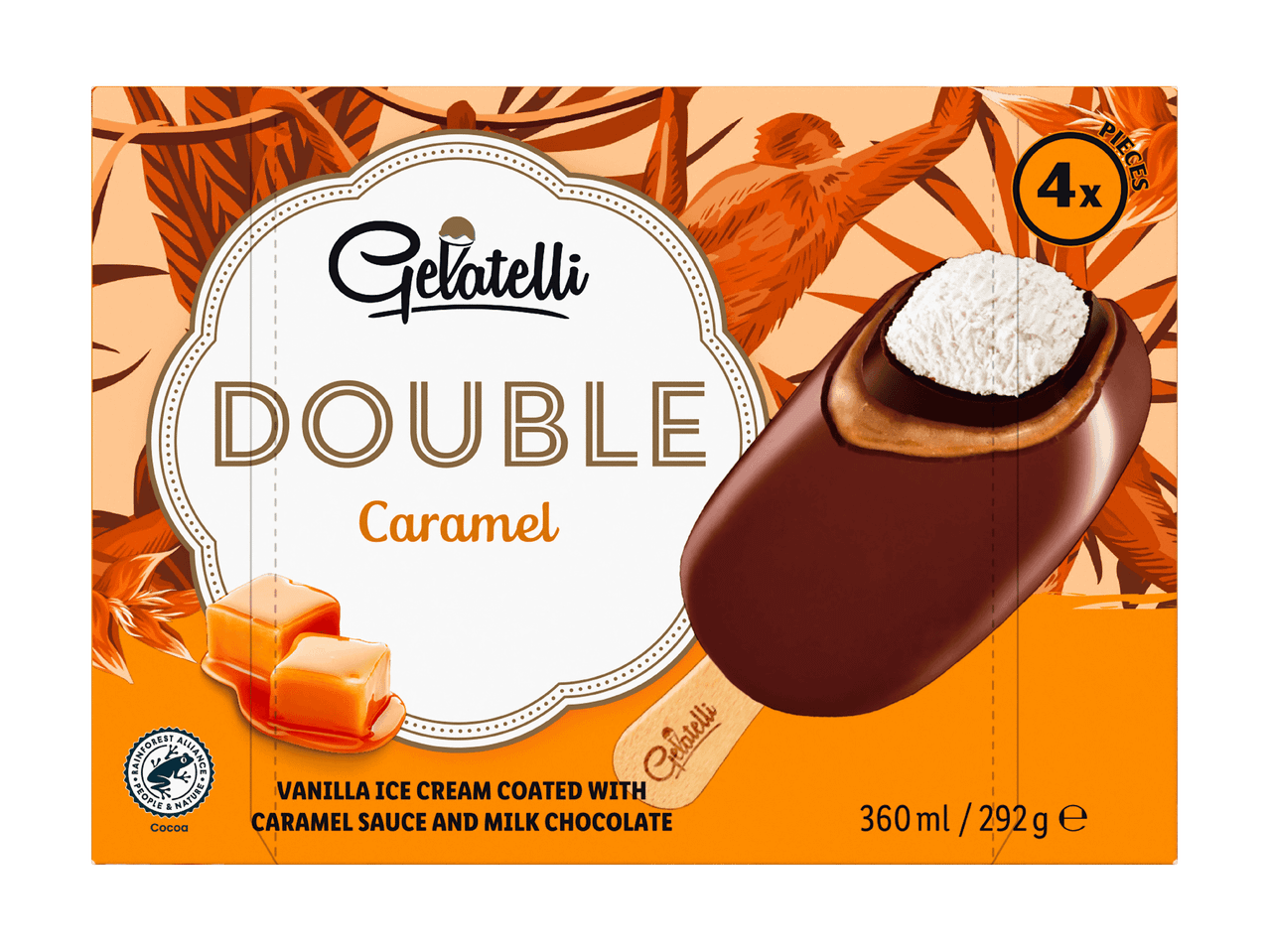 Packung mit Vanilleeis am Stiel, umhüllt von Karamellsauce und Milchschokolade, 4 Stück.