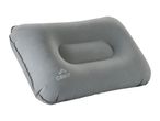 Grey inflatable camping pillow with a central indentation and a small logo.