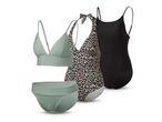 Tri kupaća kostima: zeleni bikini, leopard print jednodijelni i crni jednodijelni.