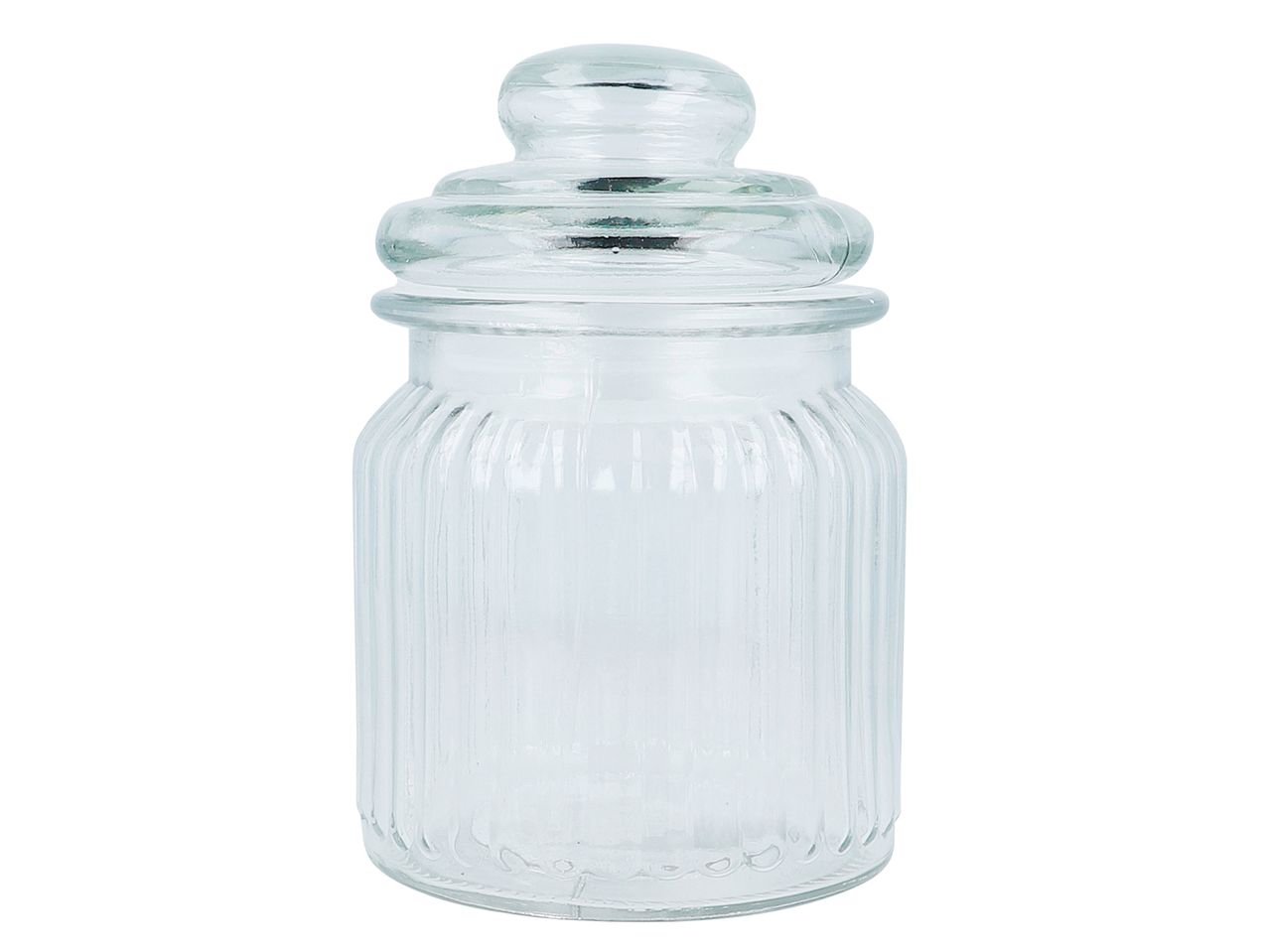 Barattolo di vetro trasparente con coperchio a cupola, stile vintage.