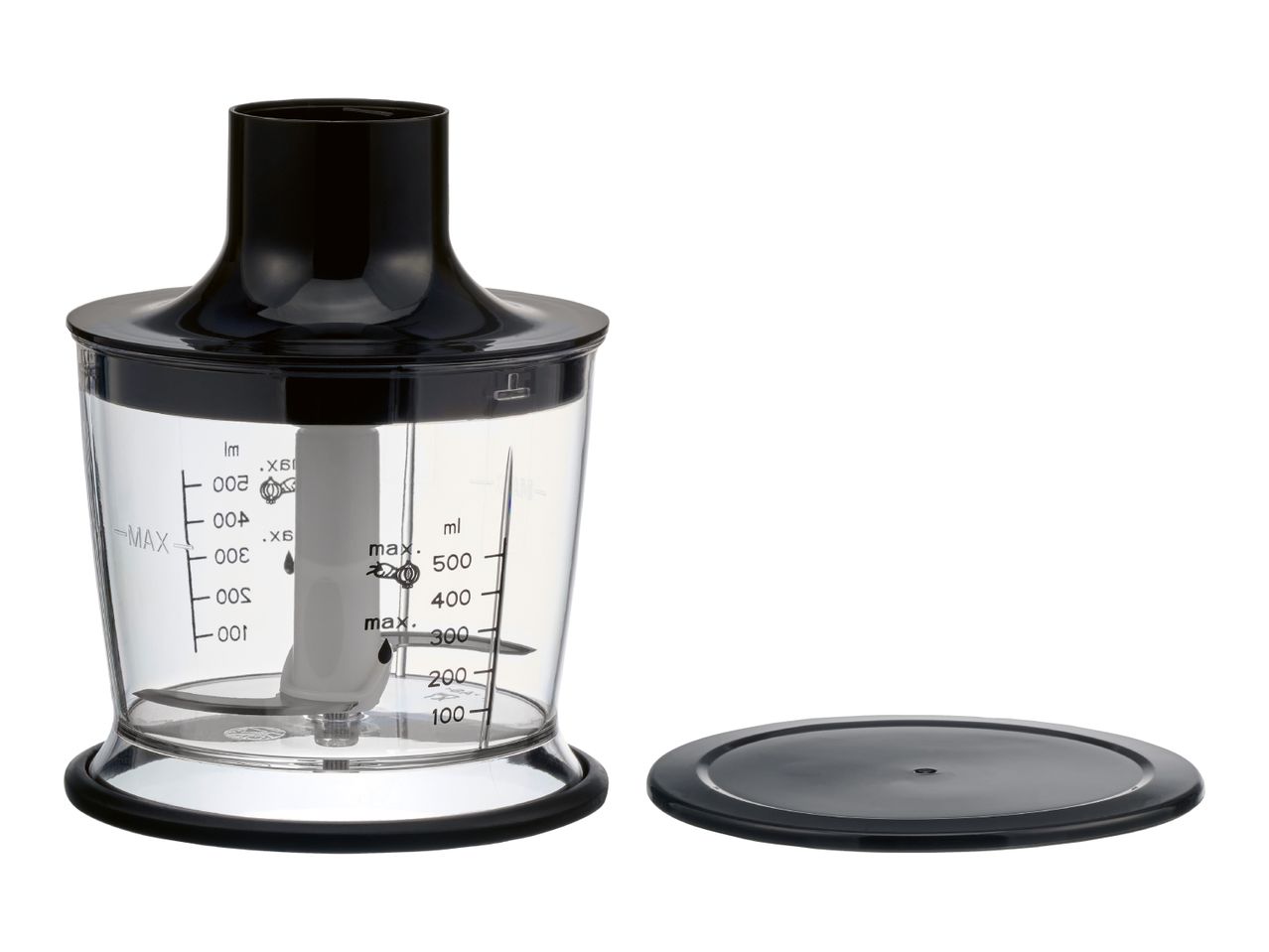 Hand blender chopper attachment with a transparent bowl, blade, and lid