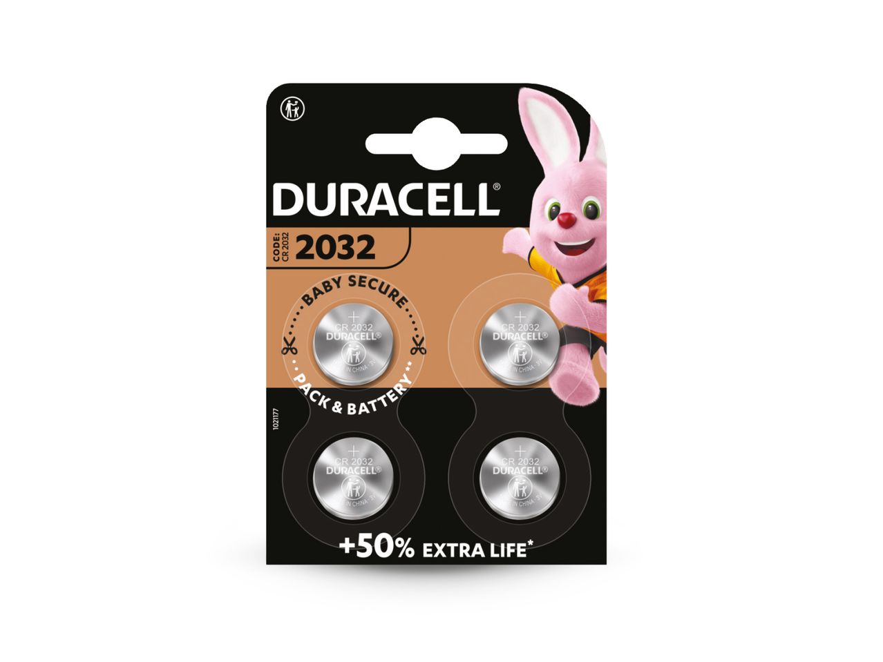 Pakiranje Duracell CR2032 baterija s četiri baterije i maskotom Duracell zeca.