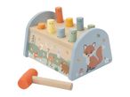Wooden hammer bench with colorful pegs and forest animal illustrations, including a fox and deer.