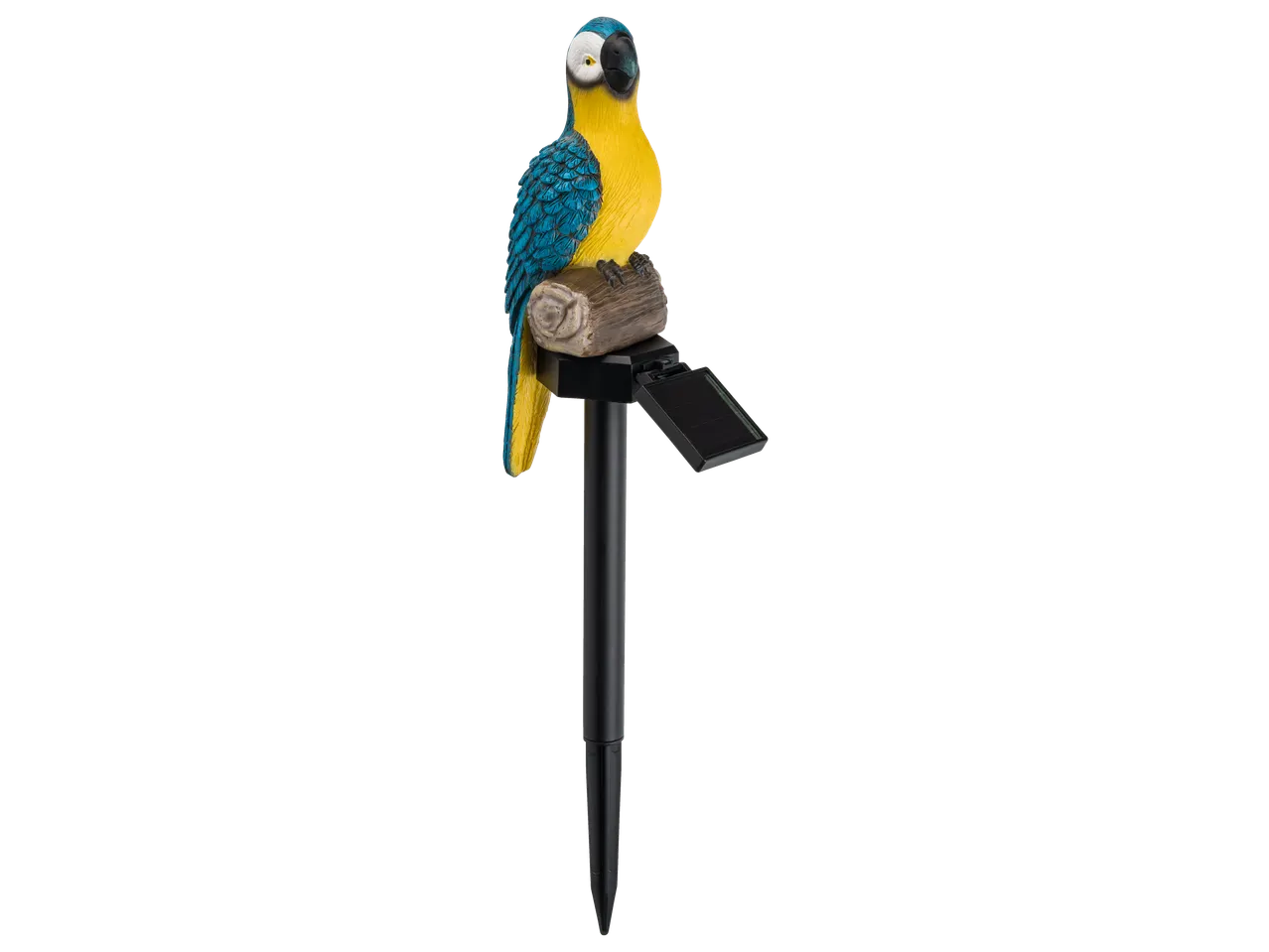 Decorative solar-powered garden stake featuring a blue and yellow parrot perched on a log.