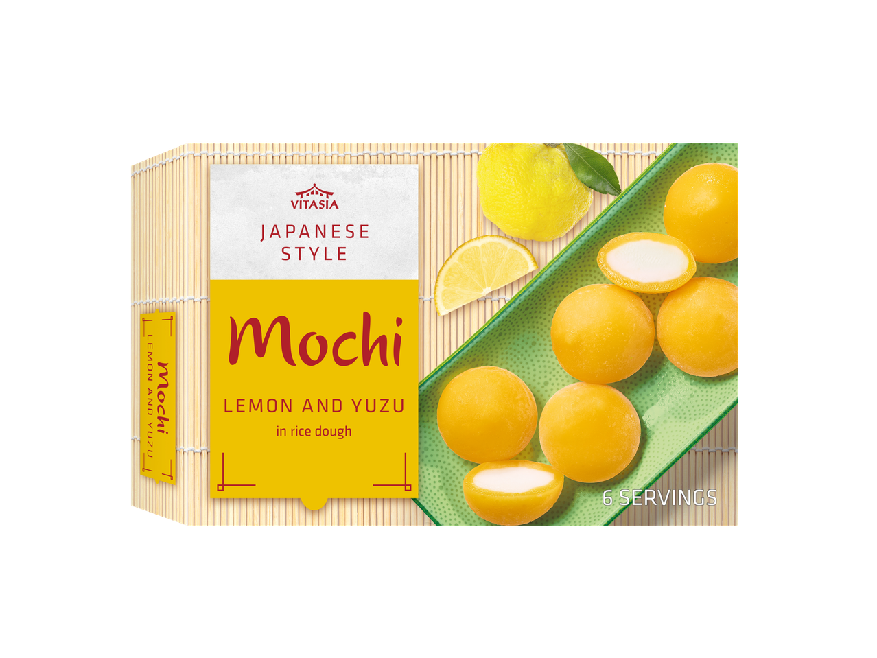 Vitasia Japanse stijl Mochi: Zoete rijstdeeg snoepjes met citroen en yuzu in een doos.