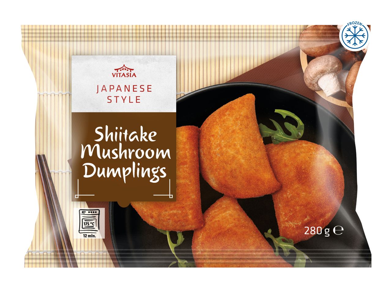Frozen Japanese-style shiitake mushroom dumplings, 280g, with cooking instructions.