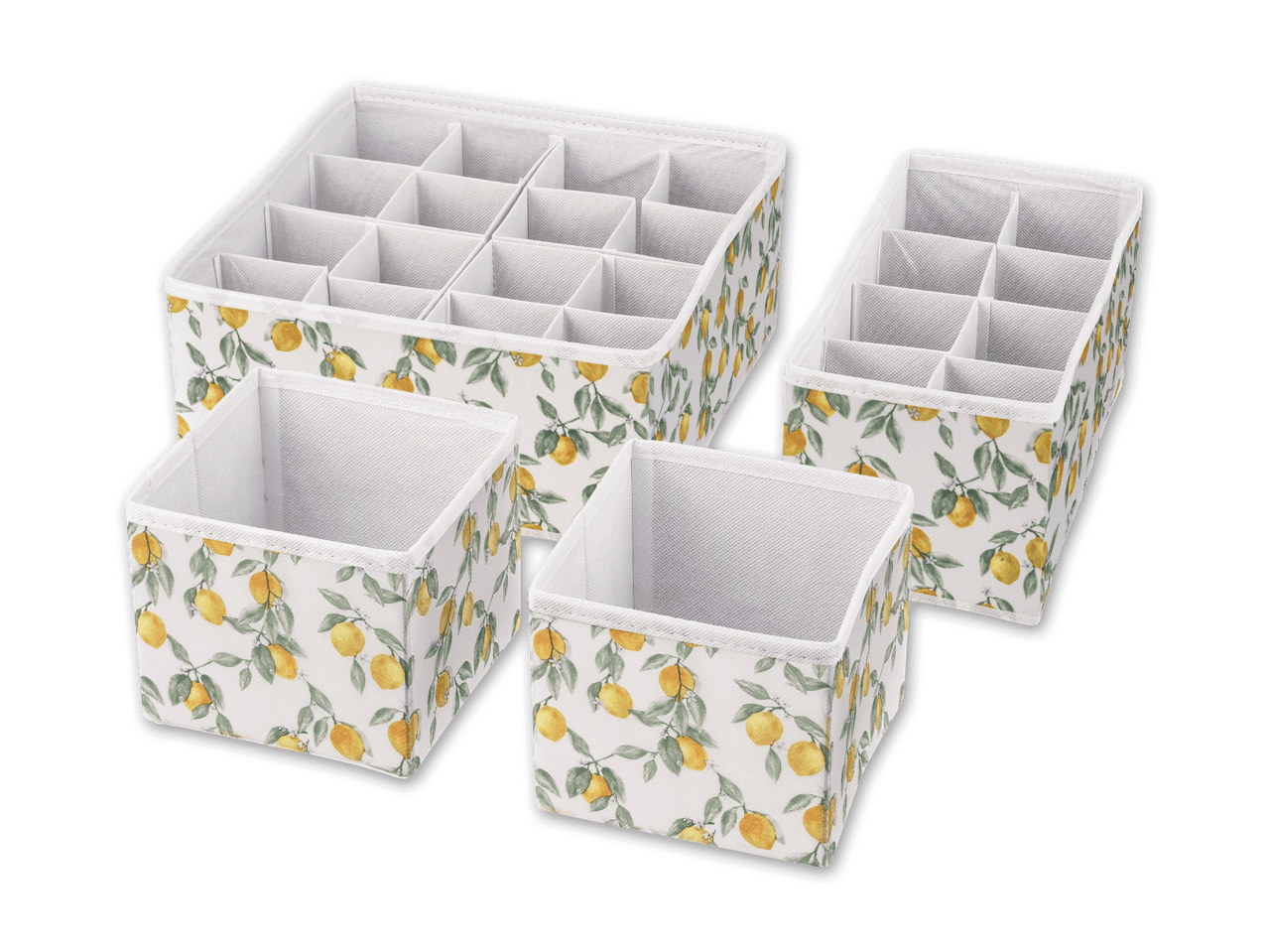 Set mit vier Stoff-Sortierboxen im Zitronenmuster für Schubladen.