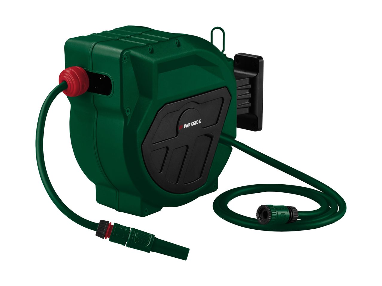 A green Bosch wall-mounted hose reel with a partially extended hose.