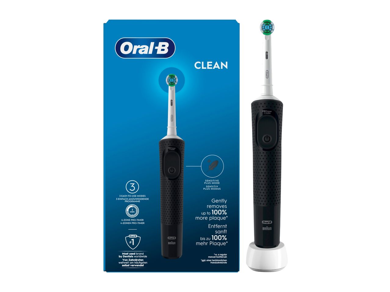 Oral-B electric toothbrush and packaging highlighting its cleaning features.