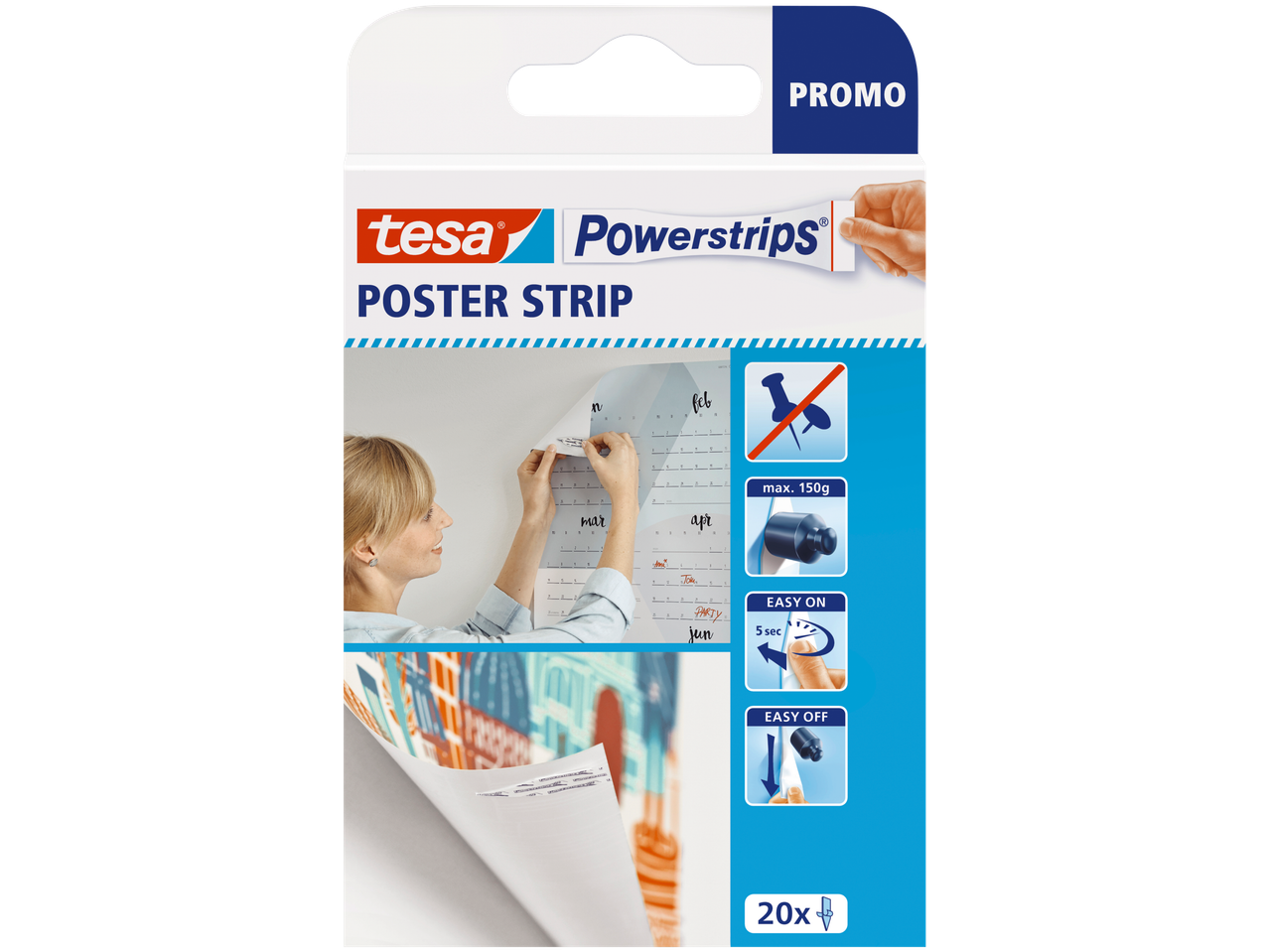 Ambalaj tesa Powerstrips Poster Strip cu ilustrații de utilizare și caracteristici.