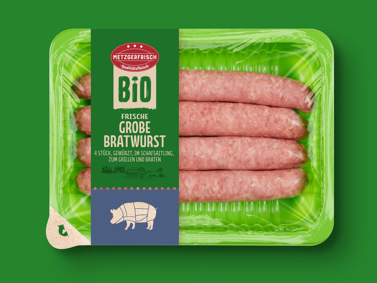 Frische Bio Bratwurst von Metzgerfrisch im Verpackung.