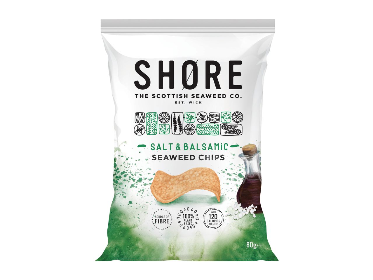 Salt & Balsamic Seaweed Chips, 80g, with 120 calories per serving, plant-based, and a source of fiber.