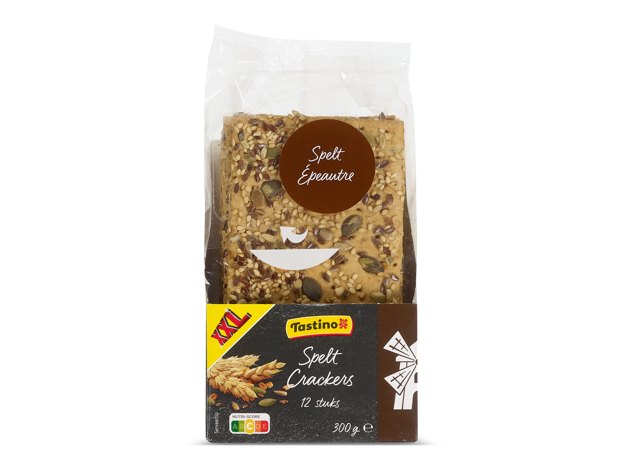 Verpakking speltcrackers met zaden, Nutri-Score B, 12 stuks, 300g.