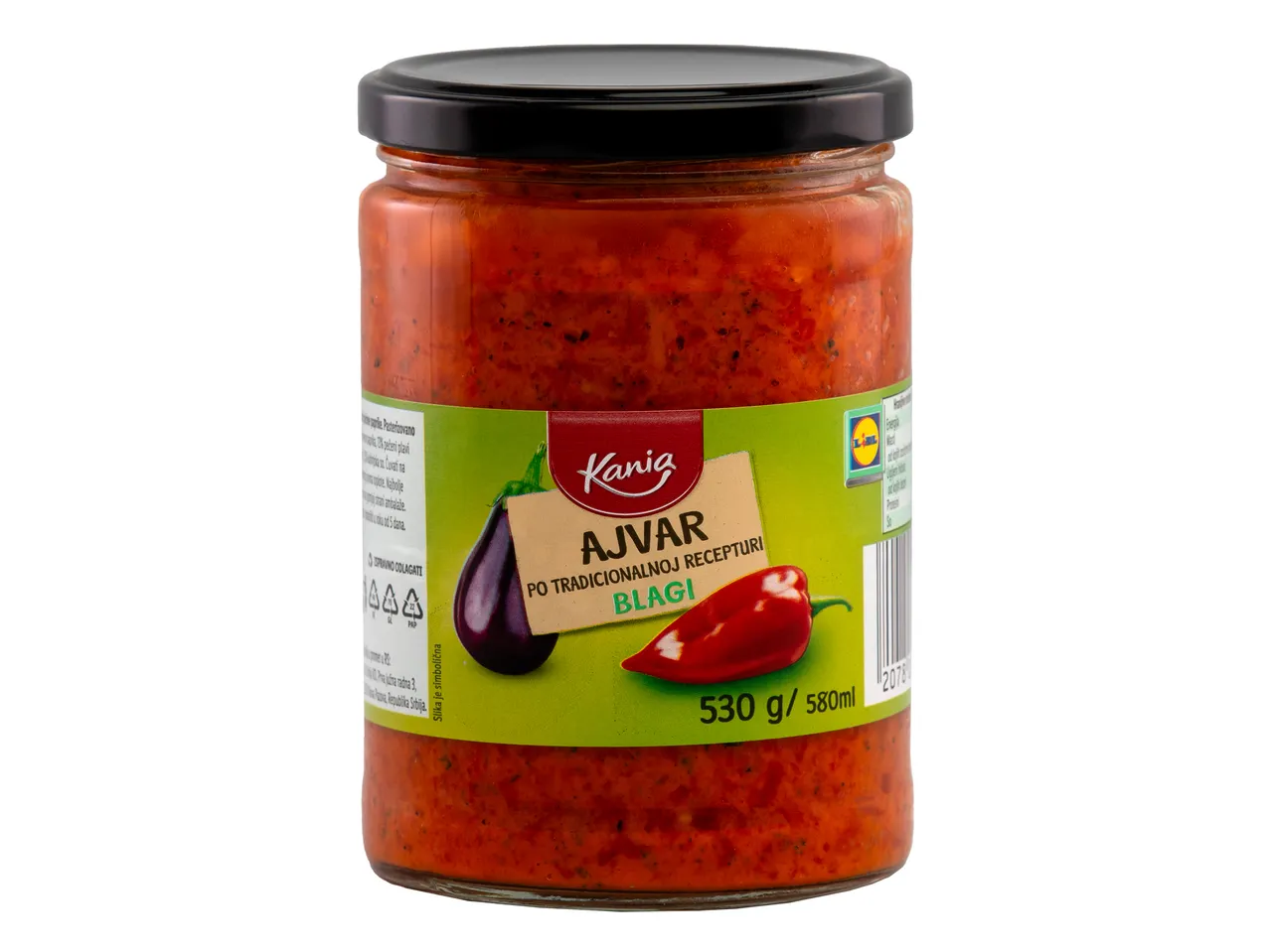 Kania Ajvar, blagi, u staklenoj tegli sa crnim poklopcem.