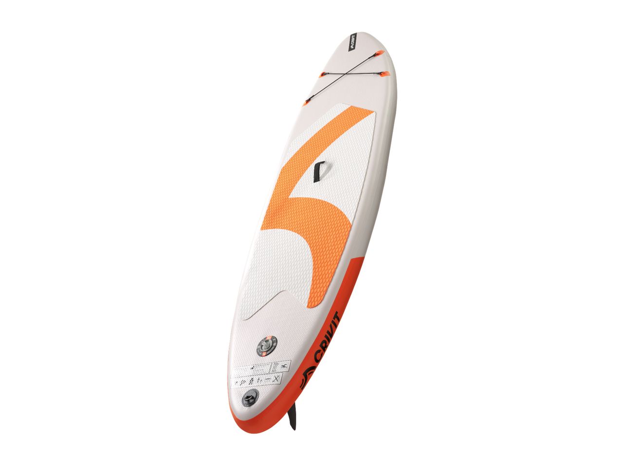 White and orange inflatable stand-up paddleboard with a black fin and bungee cords.