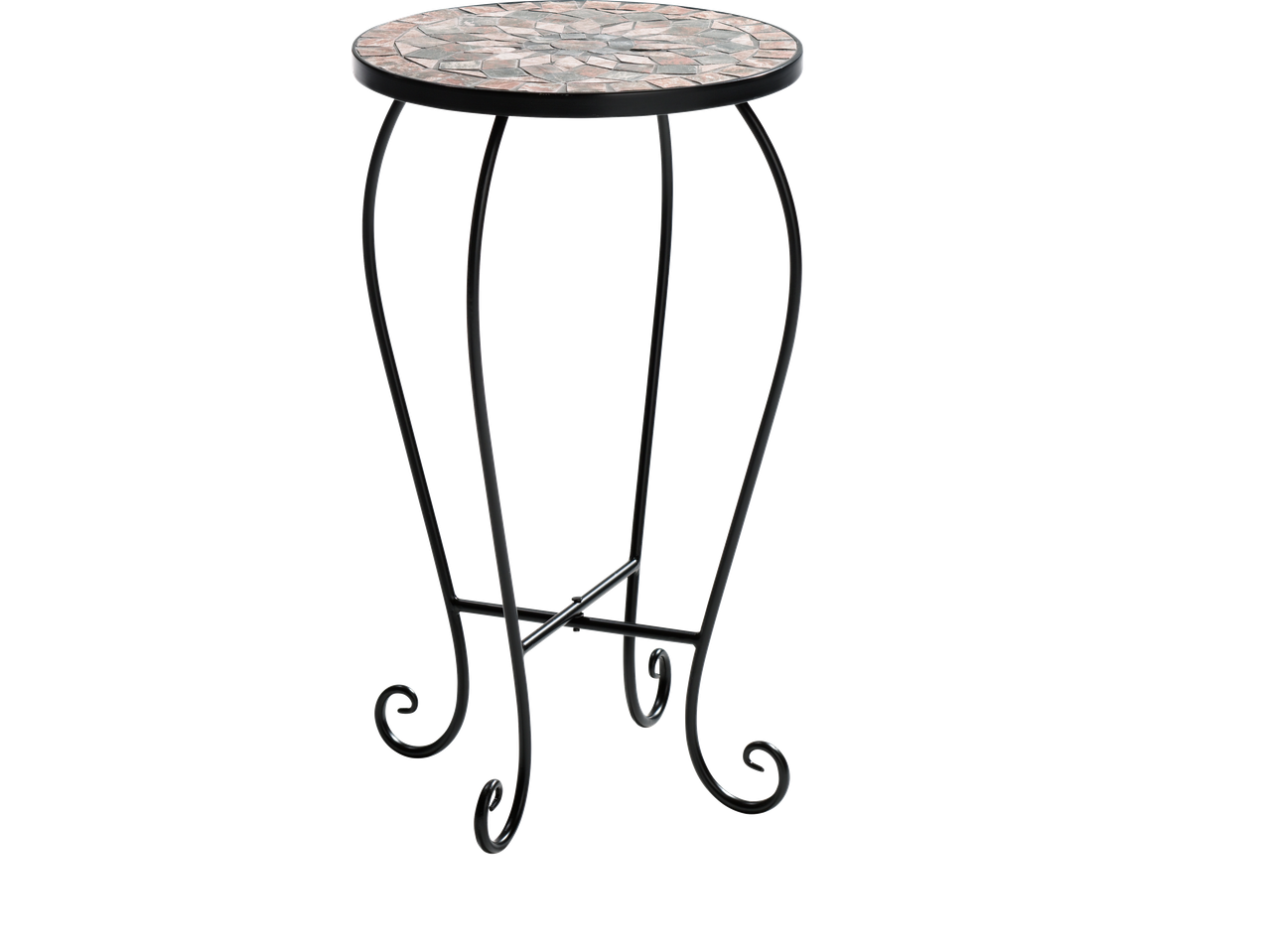 Round mosaic side table with a black wrought iron frame and scrolled feet.