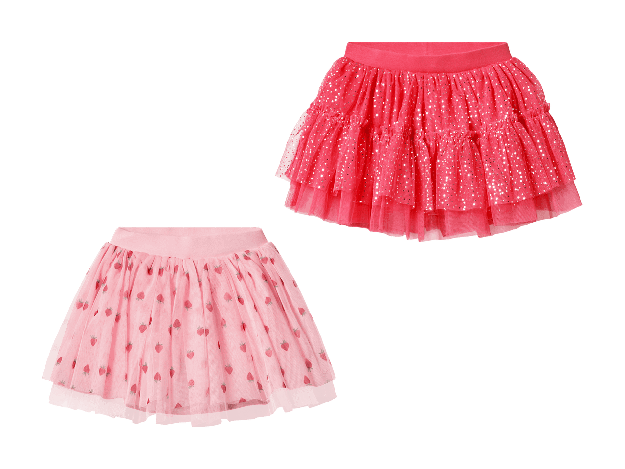 Zwei Kinder-Tutu-Röcke: ein rosa glitzernder und ein hellrosa mit Erdbeermuster.