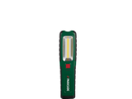 Lanternă de lucru Parkside verde cu buton roșu de pornire.