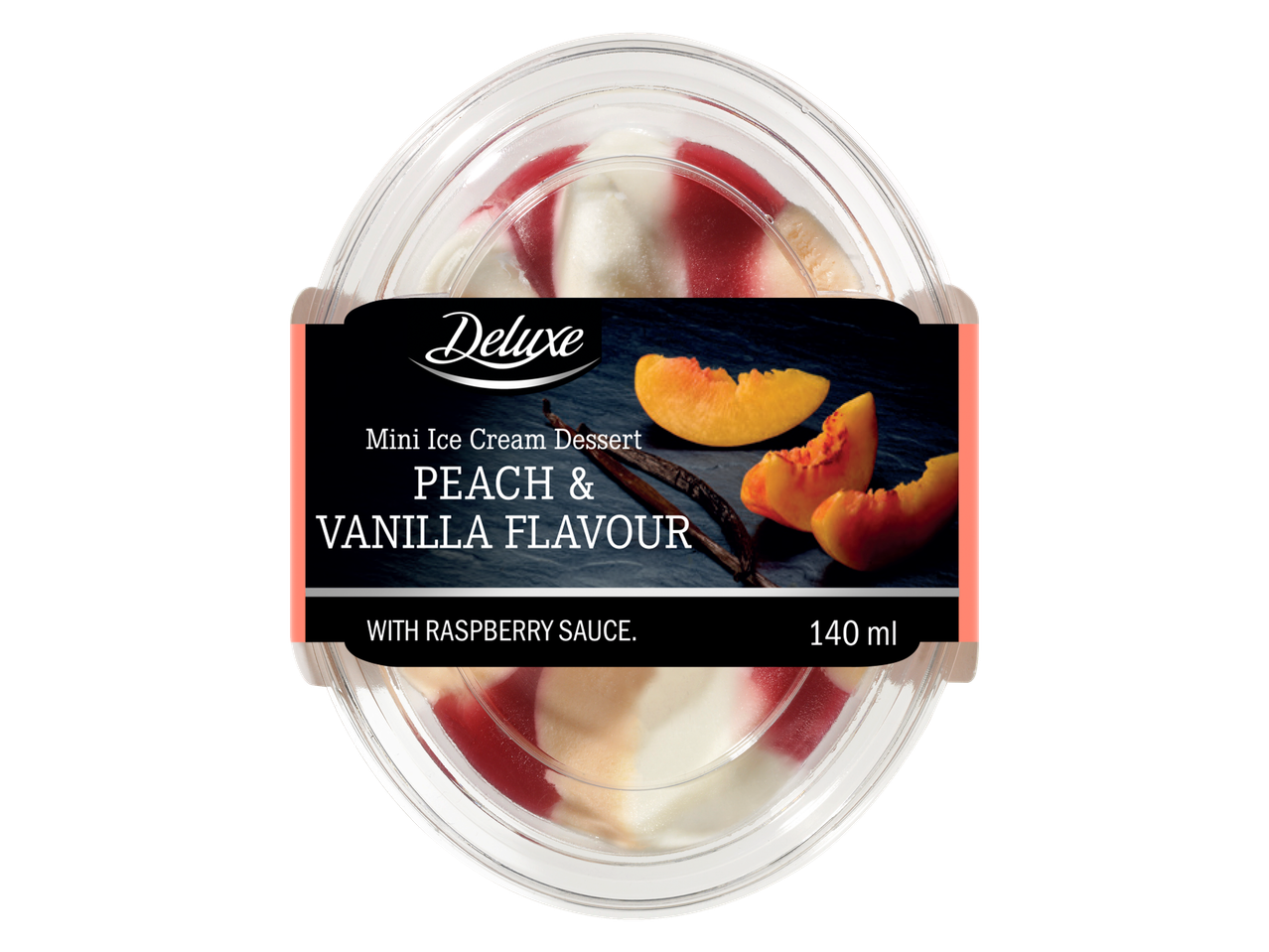 Deluxe mini-ijsdessert: perzik & vanille smaak met frambozensaus (140 ml).