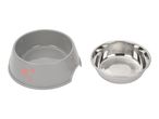 Grey plastic pet bowl with pink hearts next to a removable stainless steel insert.