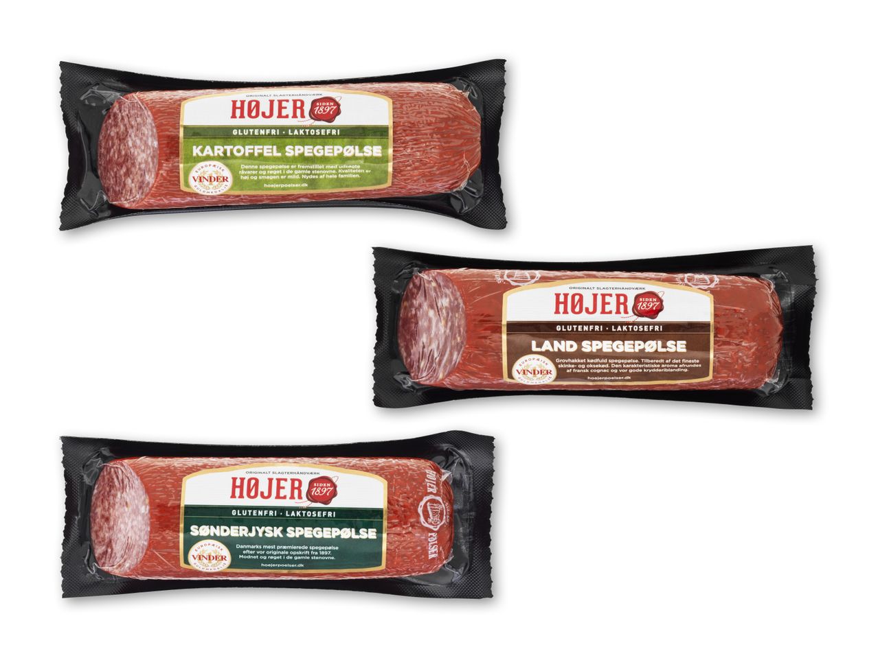 Tre pakker spegepølse, herunder kartoffel, land og sønderjysk spegepølse, alle gluten- og laktosefri.