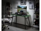 A gaming table with a monitor displaying a racing game, surrounded by shelves with decor.