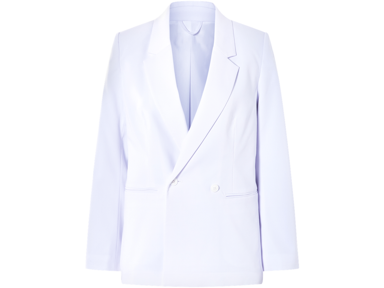 Blazer feminina, lilás claro, de botões duplos.