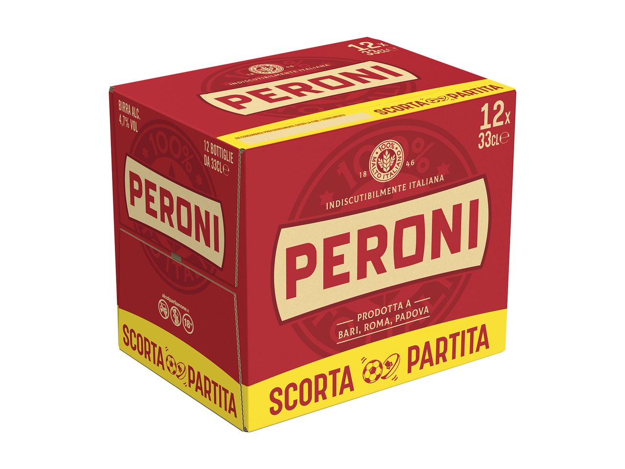 Scatola da 12 bottiglie di birra Peroni, edizione Scorta Partita.