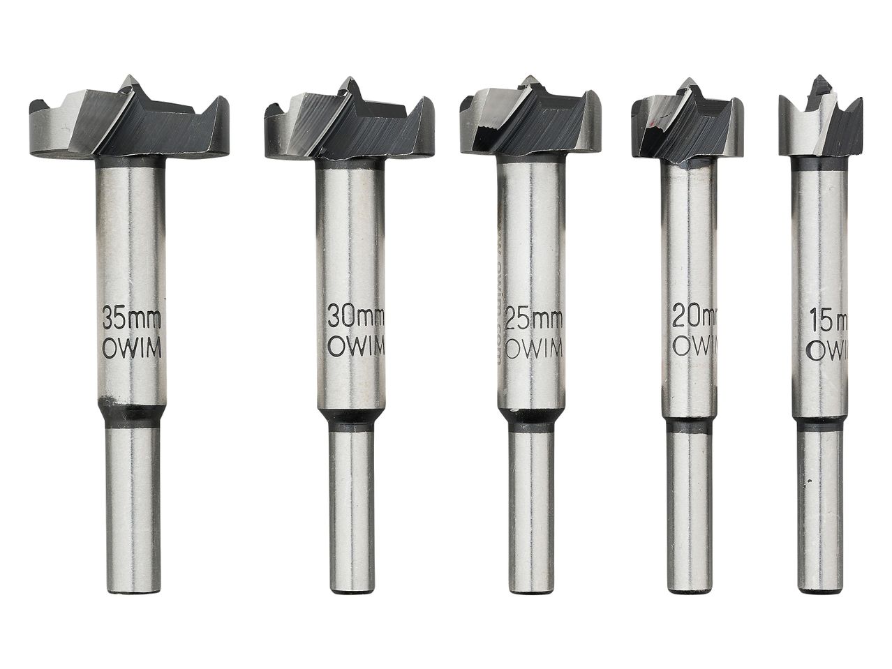 Five Forstner drill bits of varying sizes (15mm, 20mm, 25mm, 30mm, 35mm) are shown.