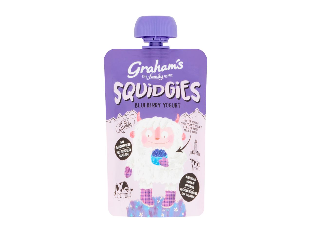 Blueberry yogurt pouch for kids, featuring a cartoon yeti holding blueberries and text highlighting natural ingredients, no added sugar, high protein, and calcium.