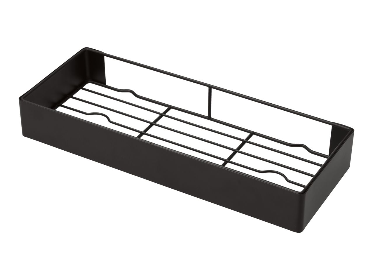 Black metal rectangular storage basket with a grid bottom, angled view.