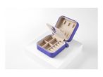 Purple square jewelry box open, showing compartments for earrings and other small items.