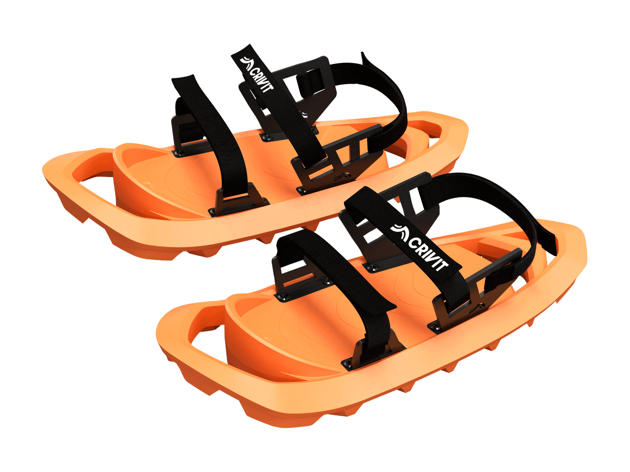 Kaksi oranssia CRIVIT-lumikenkää mustilla hihnoilla mustalla taustalla.