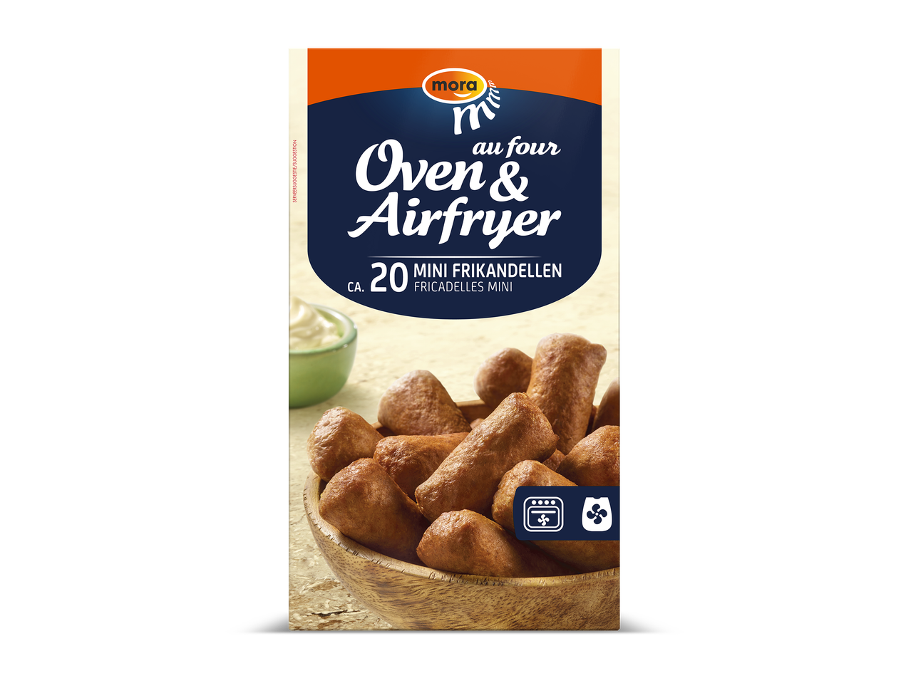 Verpakking met mini frikandellen voor oven en airfryer, ca. 20 stuks.