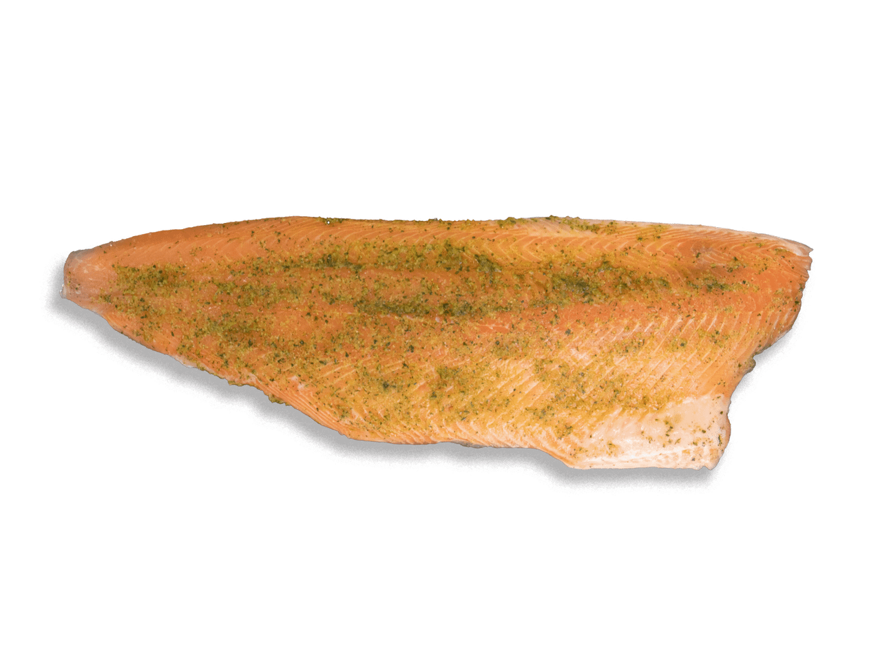 Vürtsidega maitsestatud lõhefilee mustal taustal.